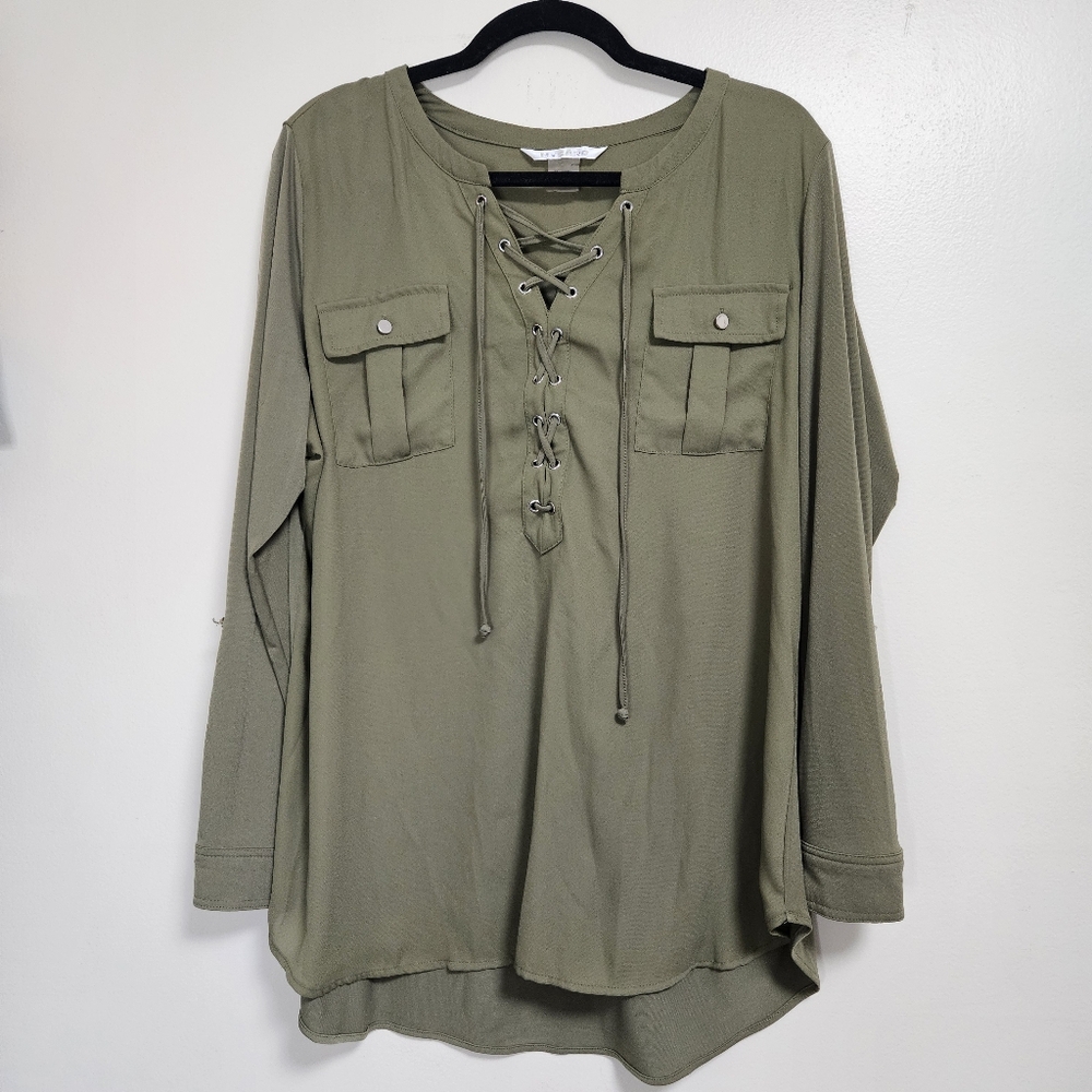 Hygard womens army green long sleeve flowy lace up blouse size large